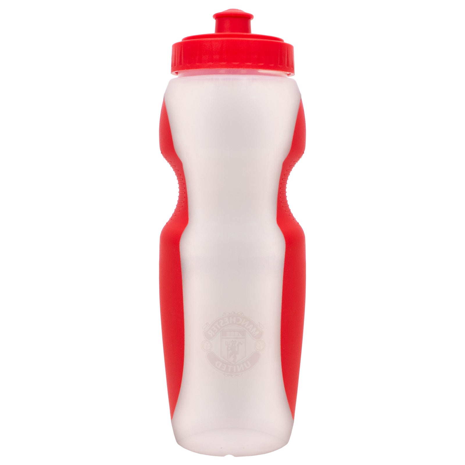 Manchester United 750ml reusable plastic sports water bottle in red, featuring the club crest, with screw-on lid and push/pull drinking top