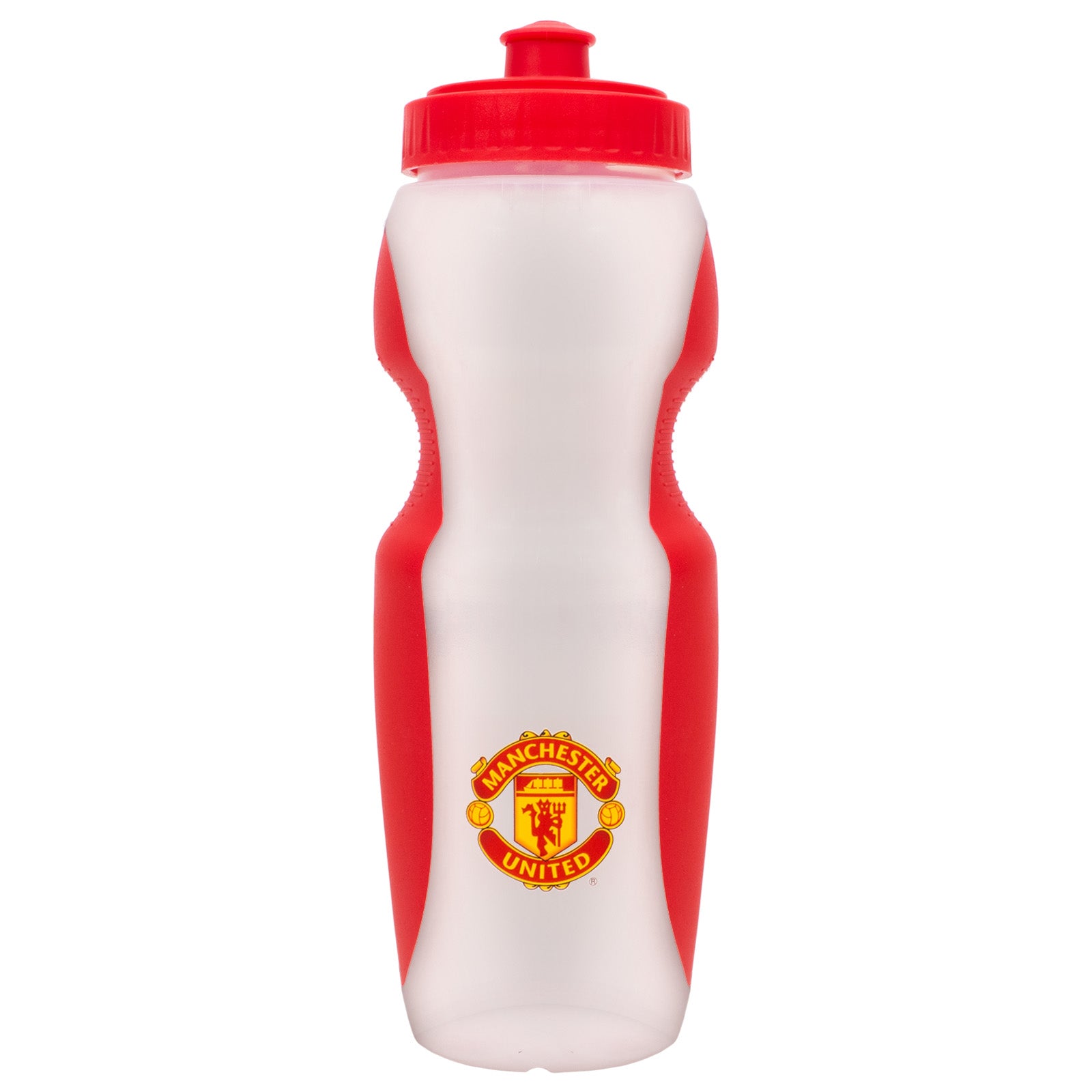 Manchester United 750ml reusable plastic sports water bottle in red, featuring the club crest, with screw-on lid and push/pull drinking top