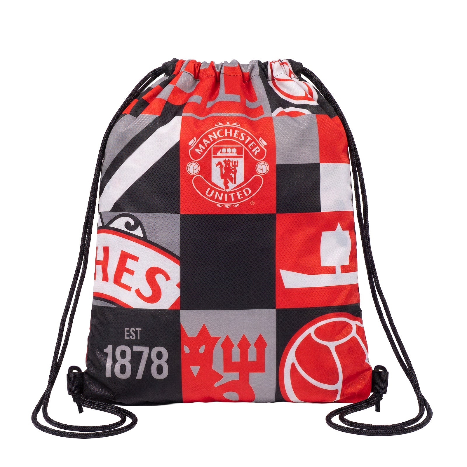 Manchester United Drawstring Gym Bag in black, red and grey, featuring the club crest and club branding