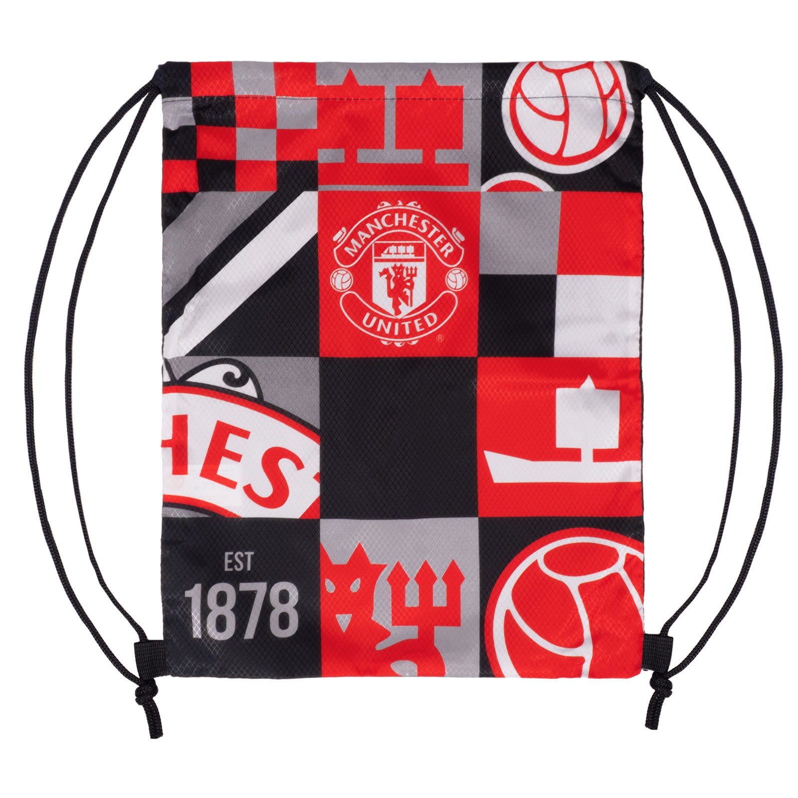 Manchester United Drawstring Gym Bag in black, red and grey, featuring the club crest and club branding