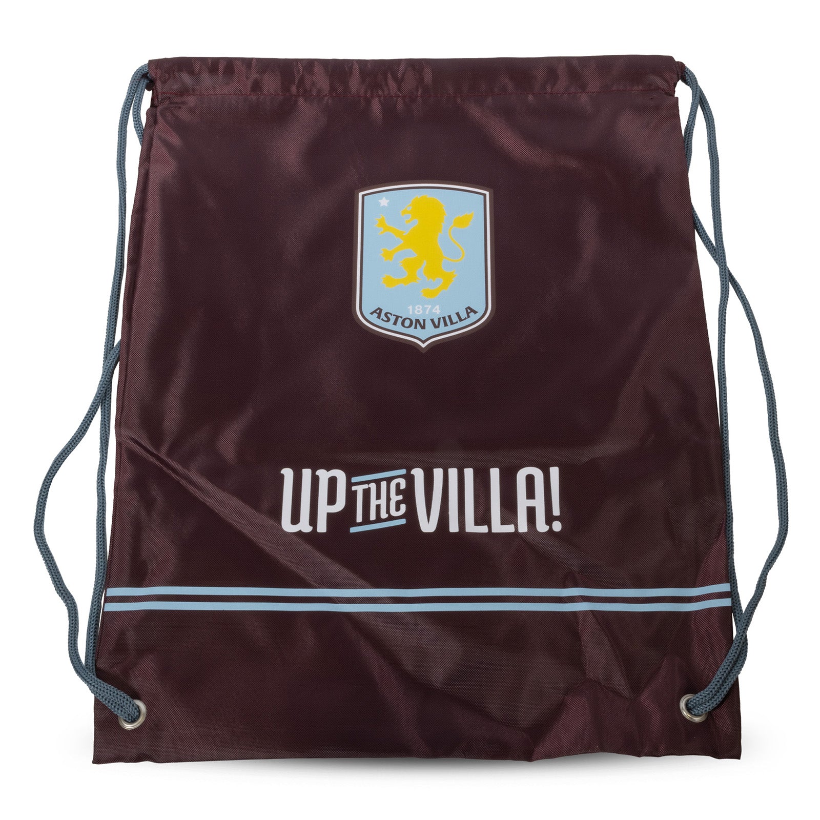 Aston Villa Drawstring Gym Bag in claret and blue, featuring the club crest and branding