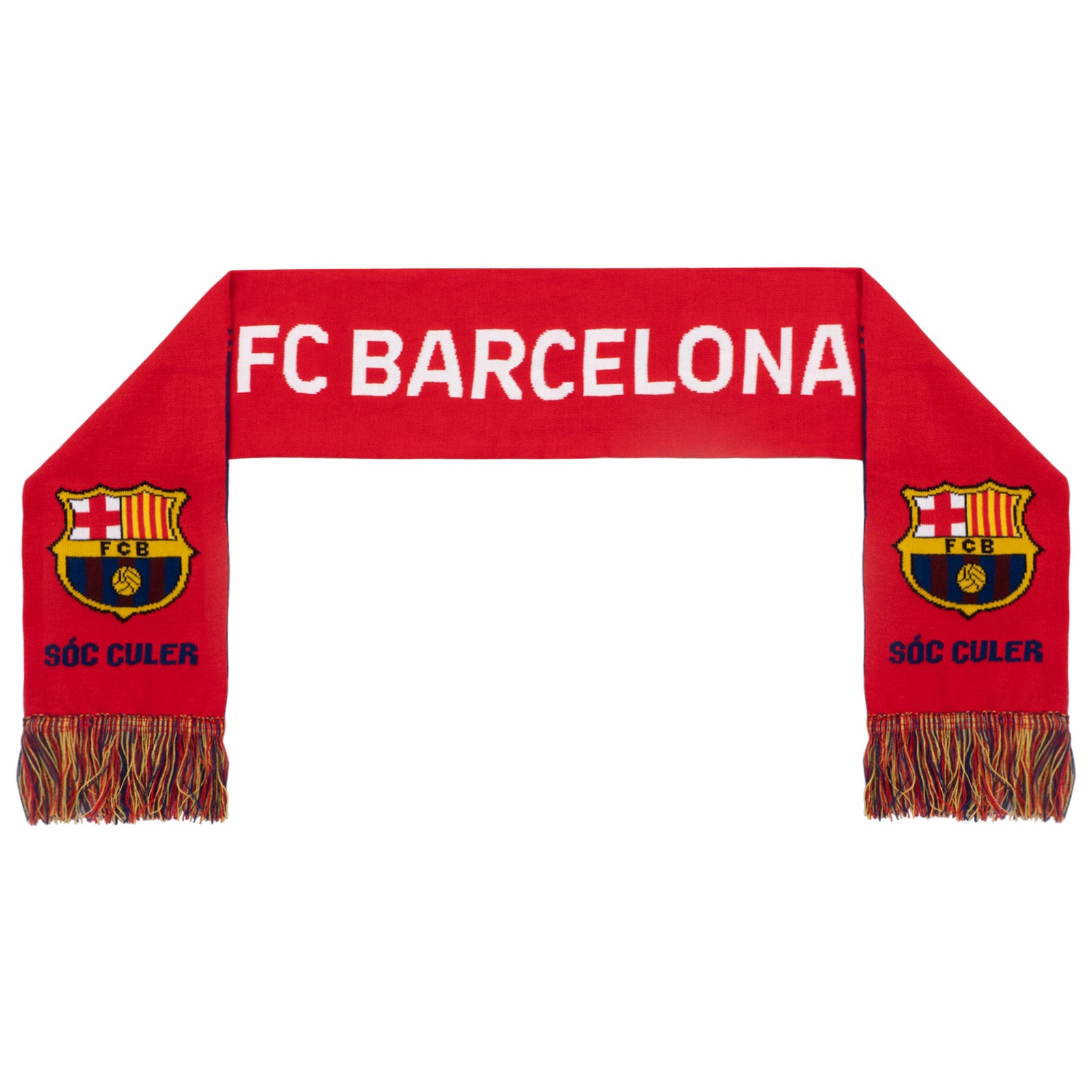 FC barcelona knitted jacquard scarf in red and blue with various Barca branding including the club crest