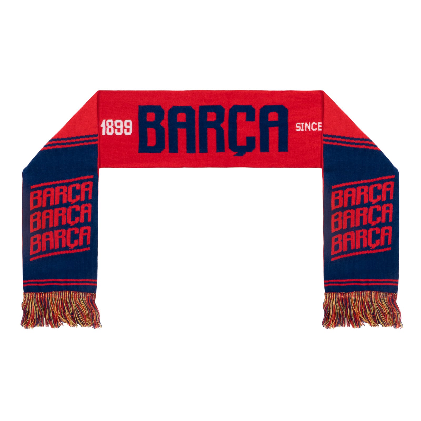 FC barcelona knitted jacquard scarf in red and blue with various Barca branding including the club crest