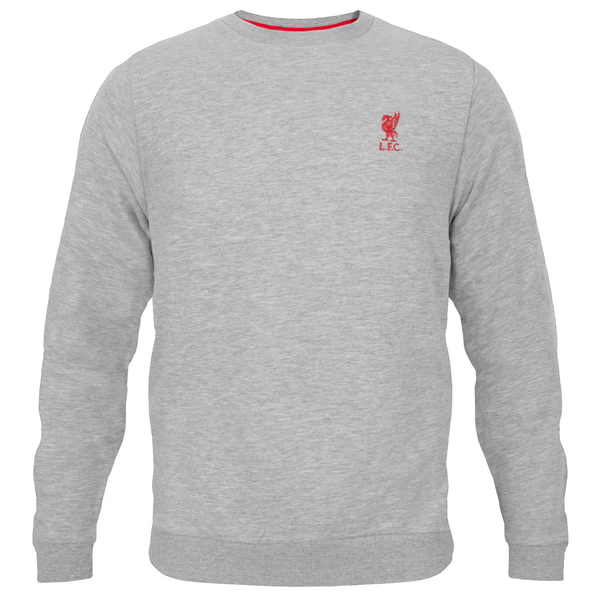 Liverpool adults crew neck sweatshirt in grey & black featuring an embroidered Liverbird club crest to the chest.