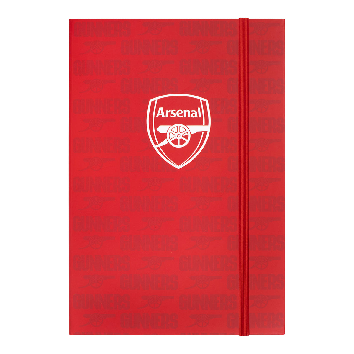 Arsenal FC A5 notebook in red featuring club branding to the front cover and side binding. Contains band fastening, lined pages and attached ribbon bookmark.