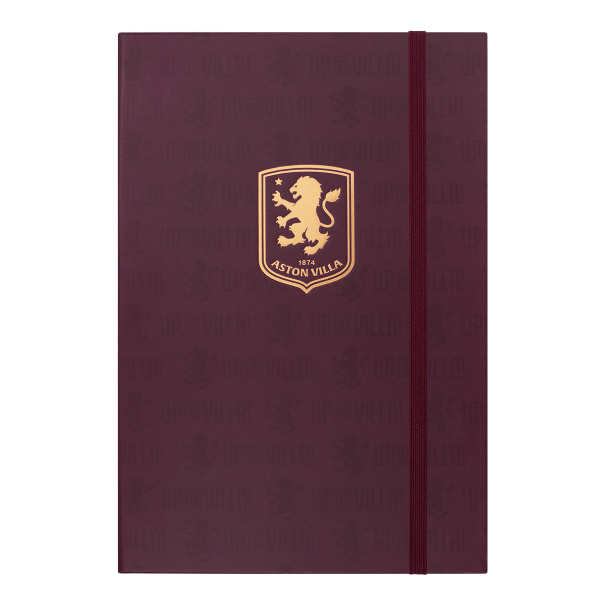 Aston Villa FC A5 notebook in claret featuring club branding to the front cover and side binding. Contains band fastening, lined pages and attached ribbon bookmark.