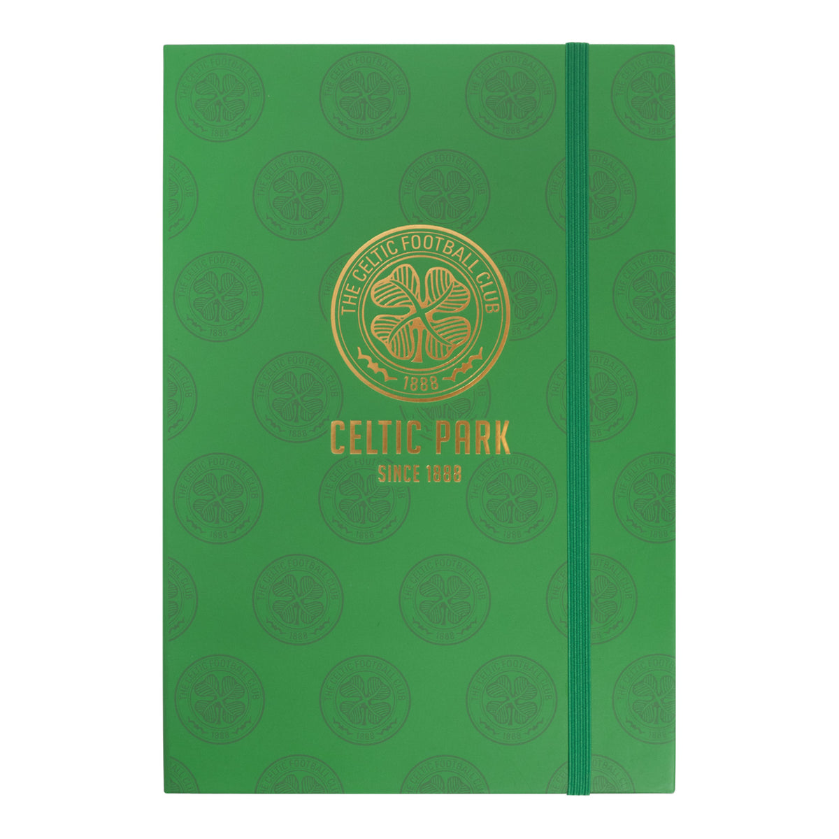 Celtic FC A5 notebook in green featuring club branding to the front cover and side binding. Contains band fastening, lined pages and an attached ribbon bookmark.