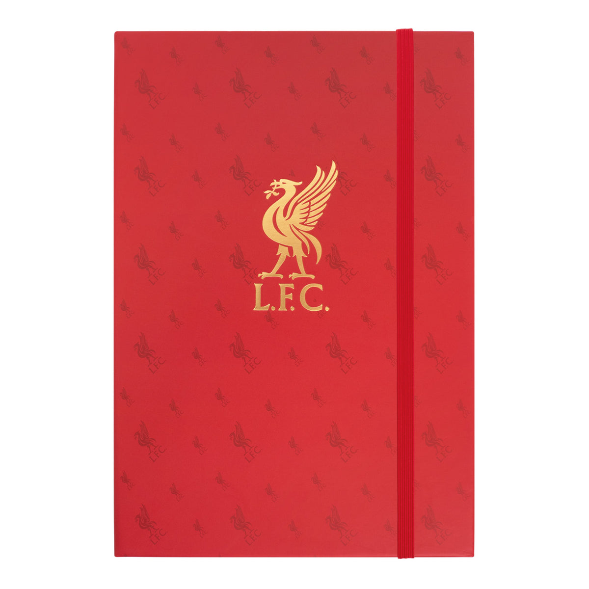 Liverpool FC A5 notebook in red featuring club branding to the front cover and side binding. Contains band fastening, lined pages and an attached ribbon bookmark.