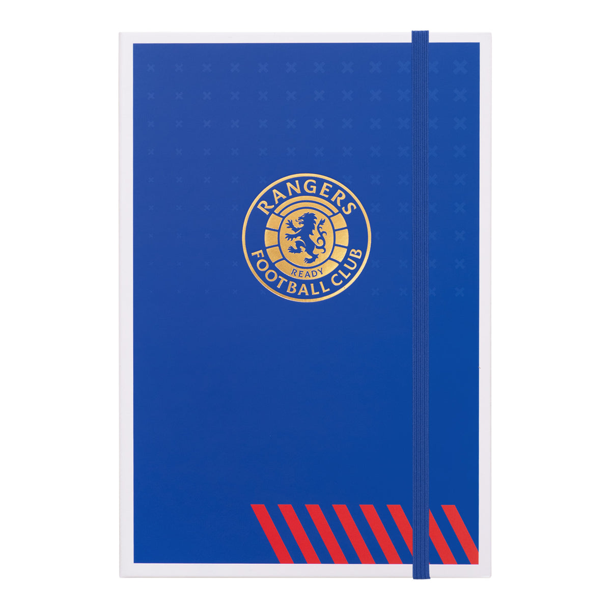 Rangers FC A5 notebook in royal blue featuring club branding to the front cover and side binding. Contains band fastening, lined pages and an attached ribbon bookmark.