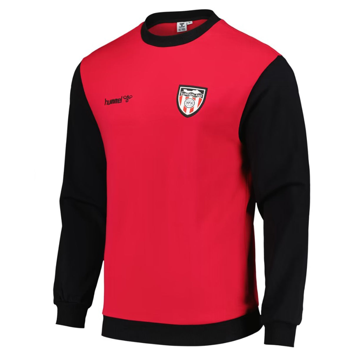 Sunderland AFC crew neck sweatshirt in red, with black sleeves. Features retro club crest to the chest.