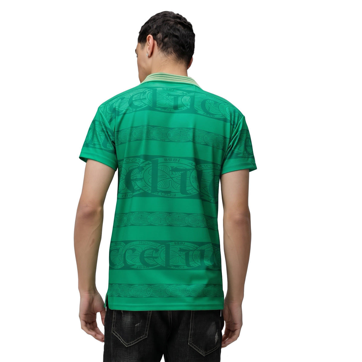 Celtic retro football shirt. inspired by 1996 shirts in green and white with gold club crest and sponsor print to front