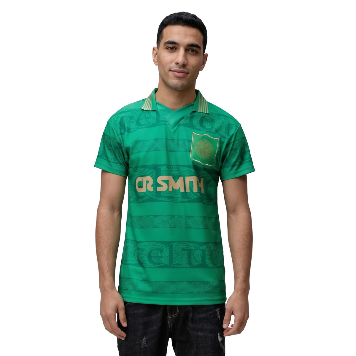 Celtic retro football shirt. inspired by 1996 shirts in green and white with gold club crest and sponsor print to front