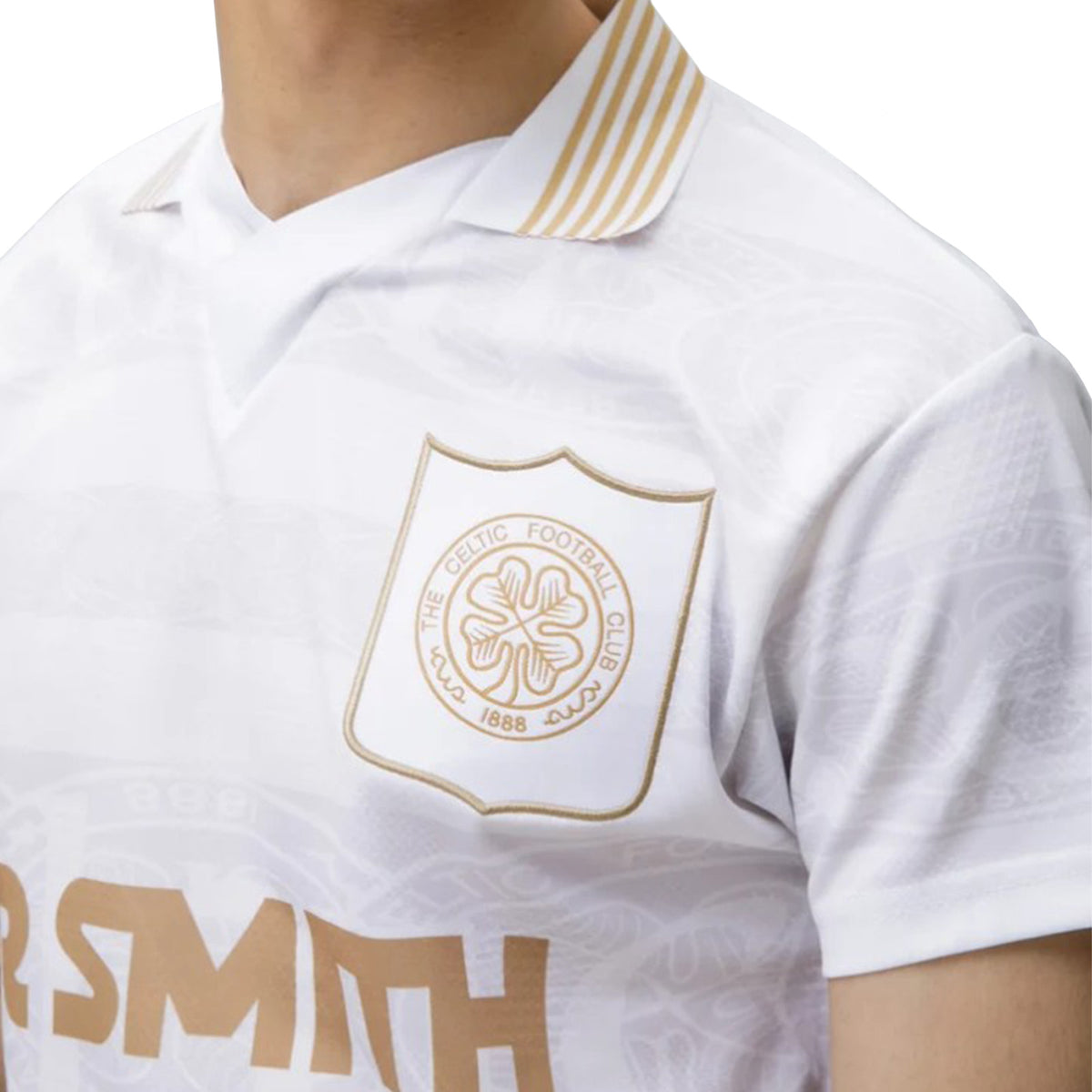 Celtic retro football shirt. inspired by 1996 shirts in green and white with gold club crest and sponsor print to front