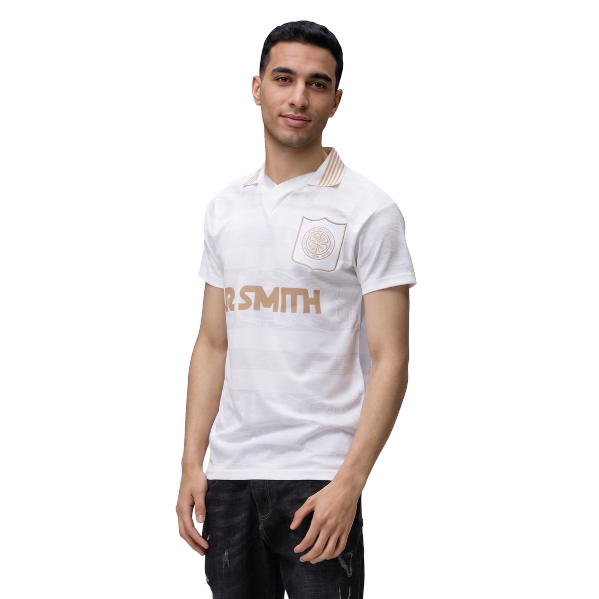 Celtic retro football shirt. inspired by 1996 away shirt in white with gold club crest and sponsor print to front