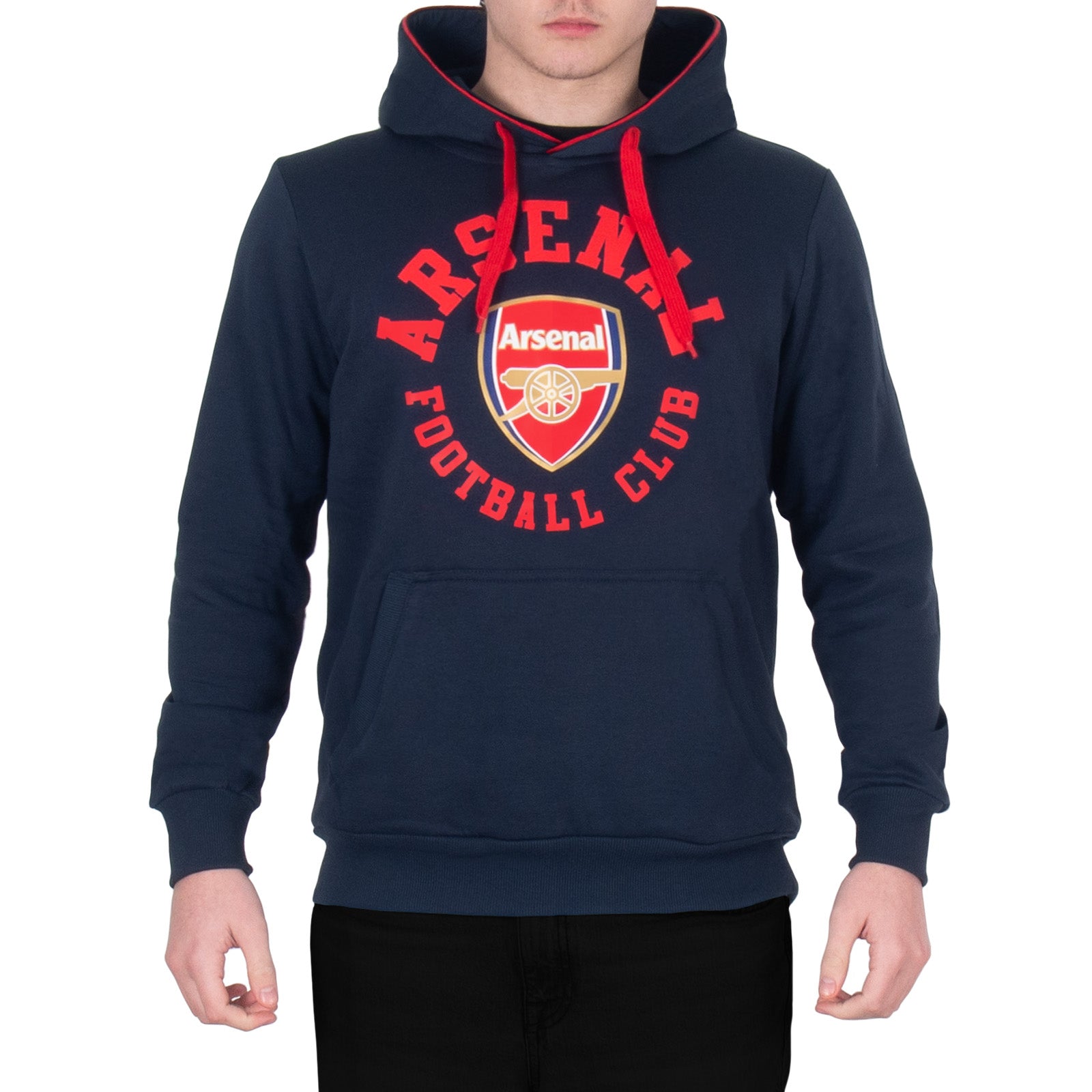 Arsenal adults graphic hoodie in navy blue with Gunners crest to the centre of the front.