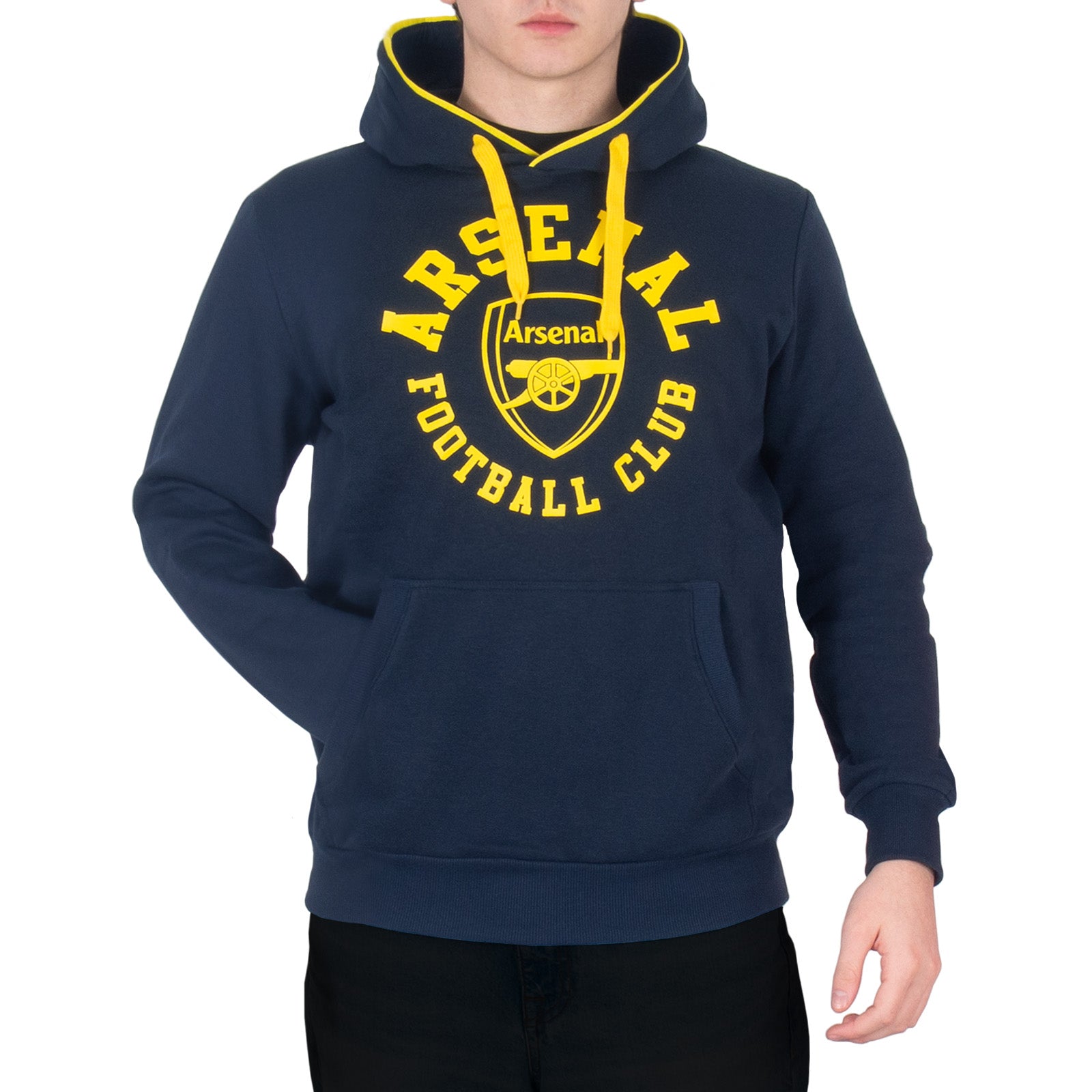 Arsenal adults graphic hoodie in navy & yellow with Gunners crest to the centre of the front.