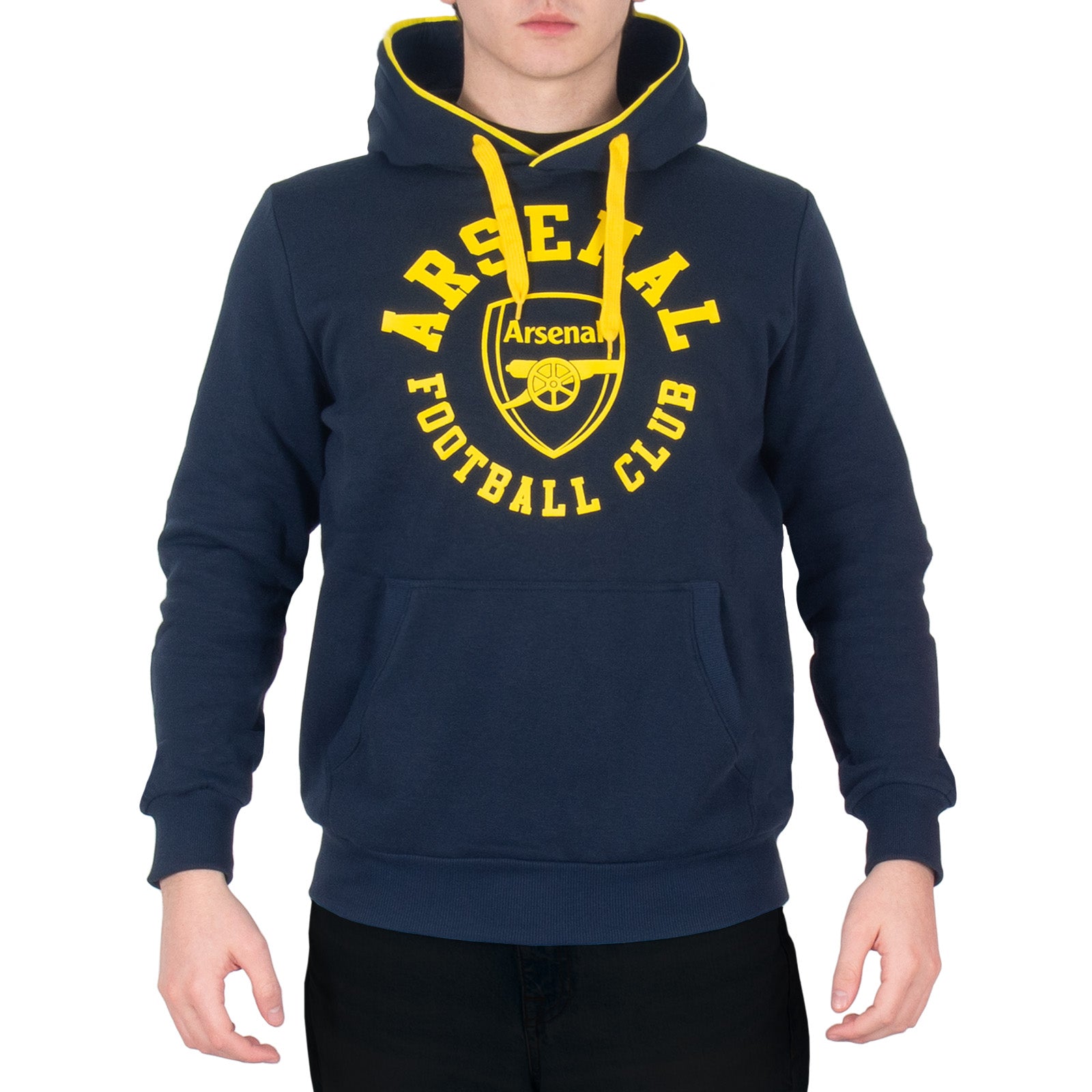 Arsenal adults graphic hoodie in navy & yellow with Gunners crest to the centre of the front.