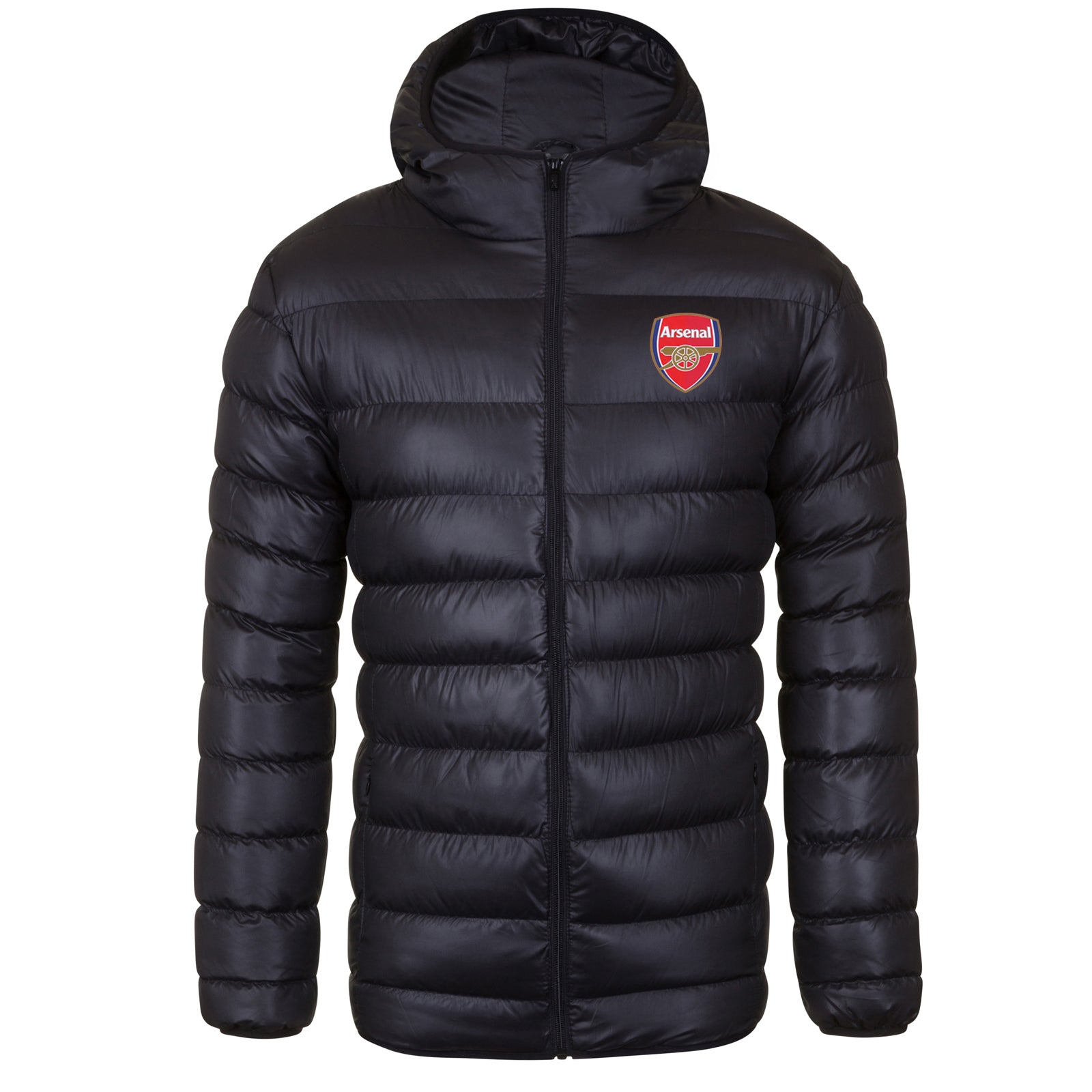 Arsenal adults quilted jacket coat in black with club crest to chest.