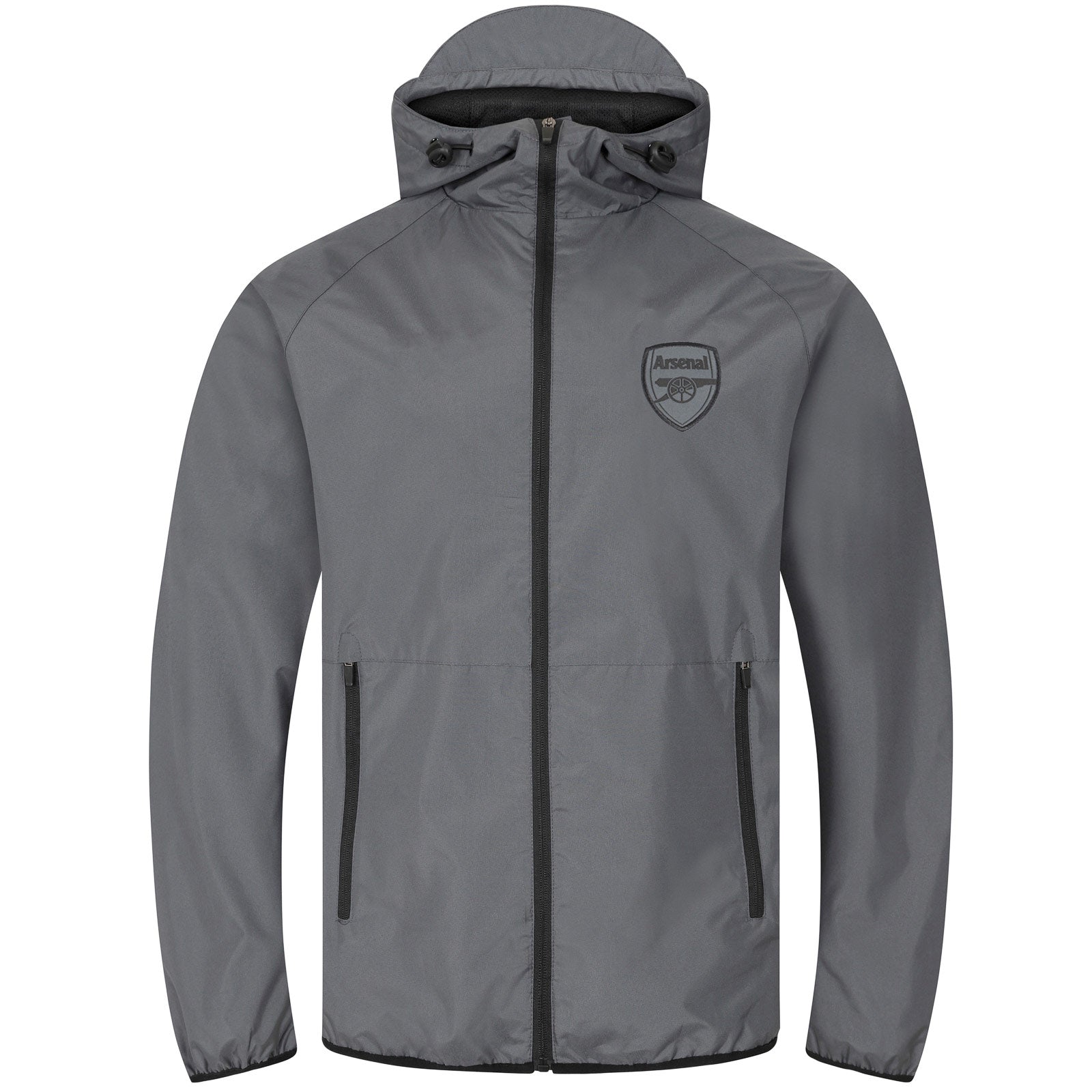 Arsenal adults shower jacket with hood in grey with club crest to chest.