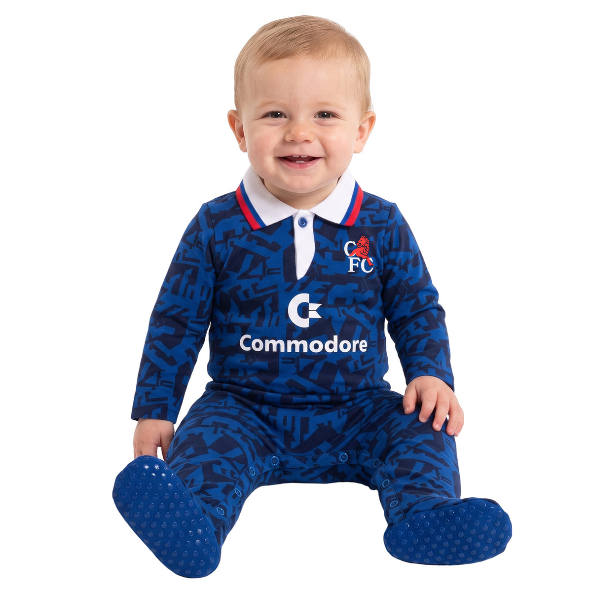 Chelsea FC baby sleepsuit in retro 1992 home kit colours