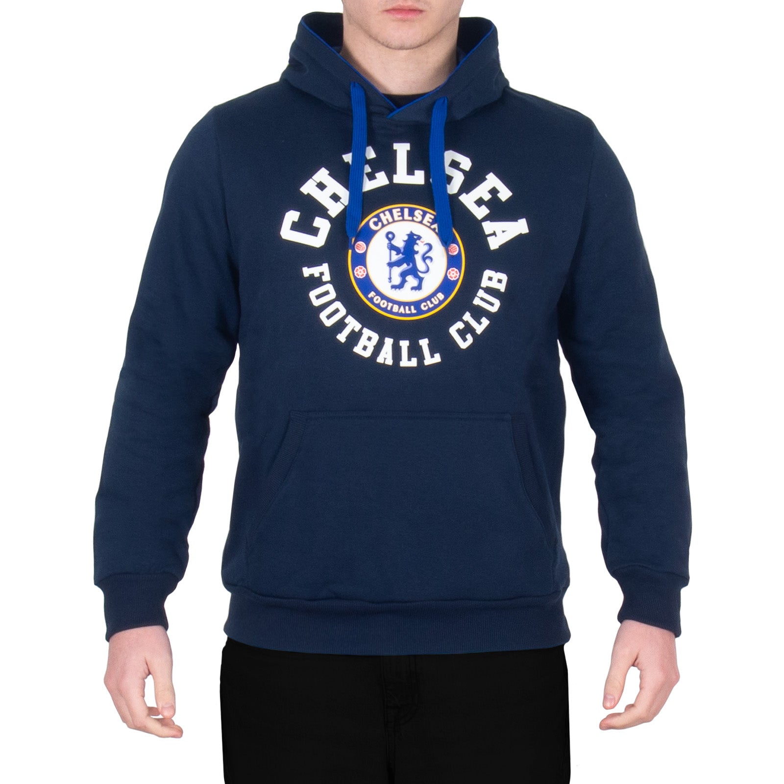 Chelsea kids hoodie in navy blue with the club crest & text print to front.