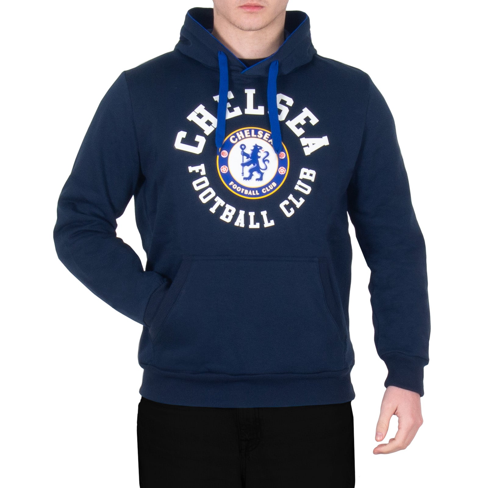 Chelsea kids hoodie in navy blue with the club crest & text print to front.