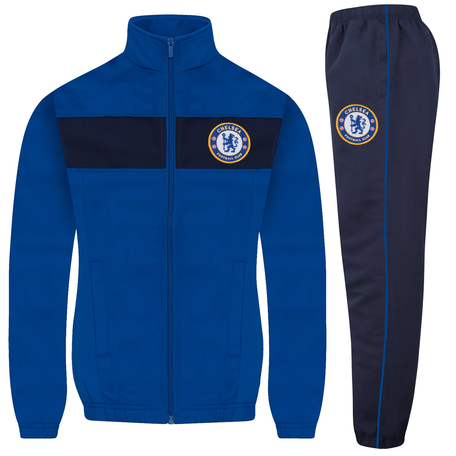 Chelsea kids tracksuit in royal blue with club crest to chest and left thigh