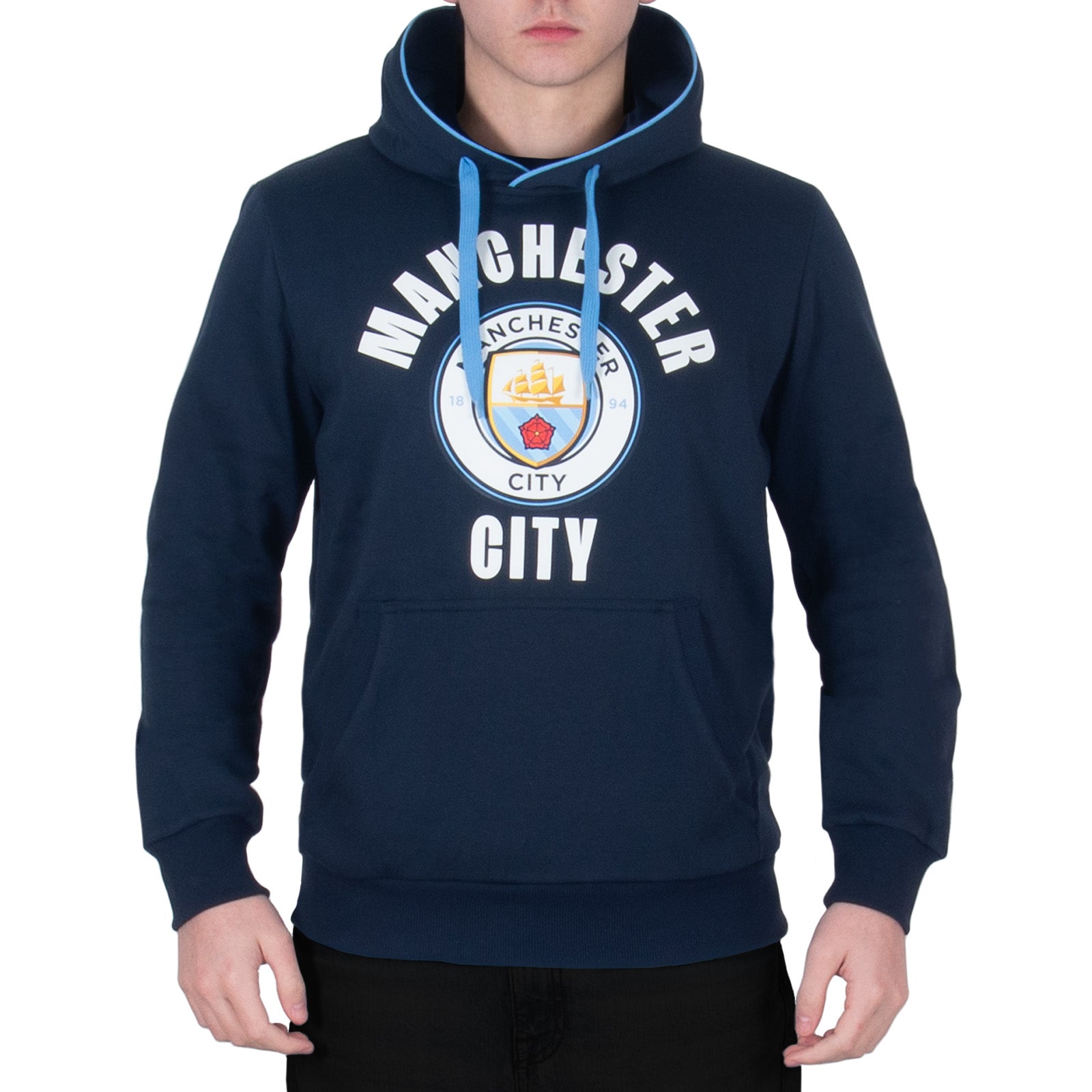 Man City adults graphic hoodie in navy with MCFC club crest to the centre of the body.