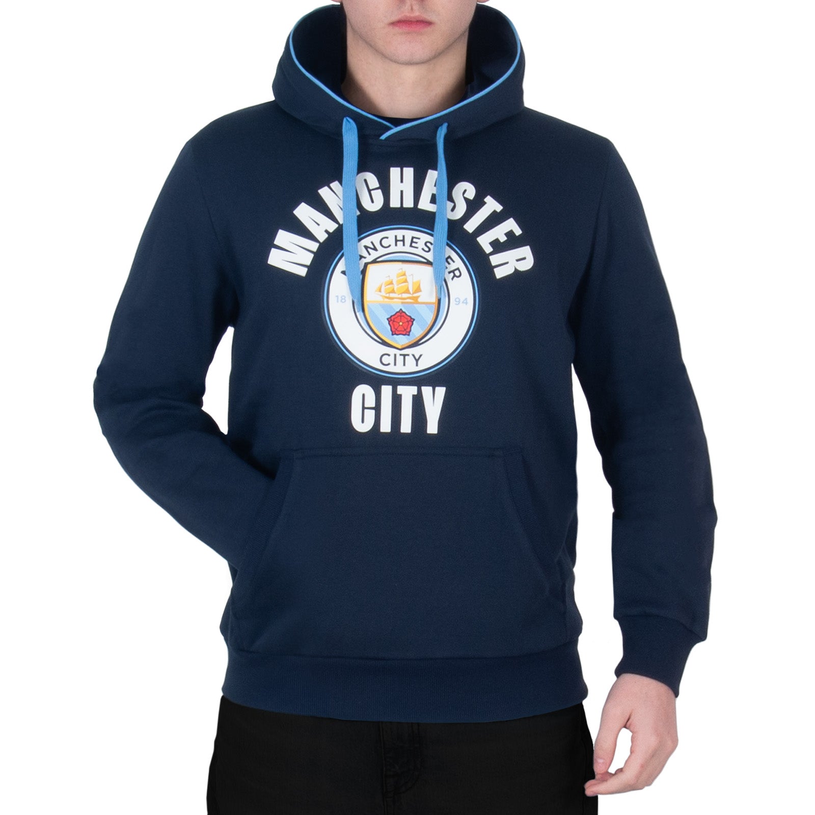 Man City adults graphic hoodie in navy with MCFC club crest to the centre of the body.