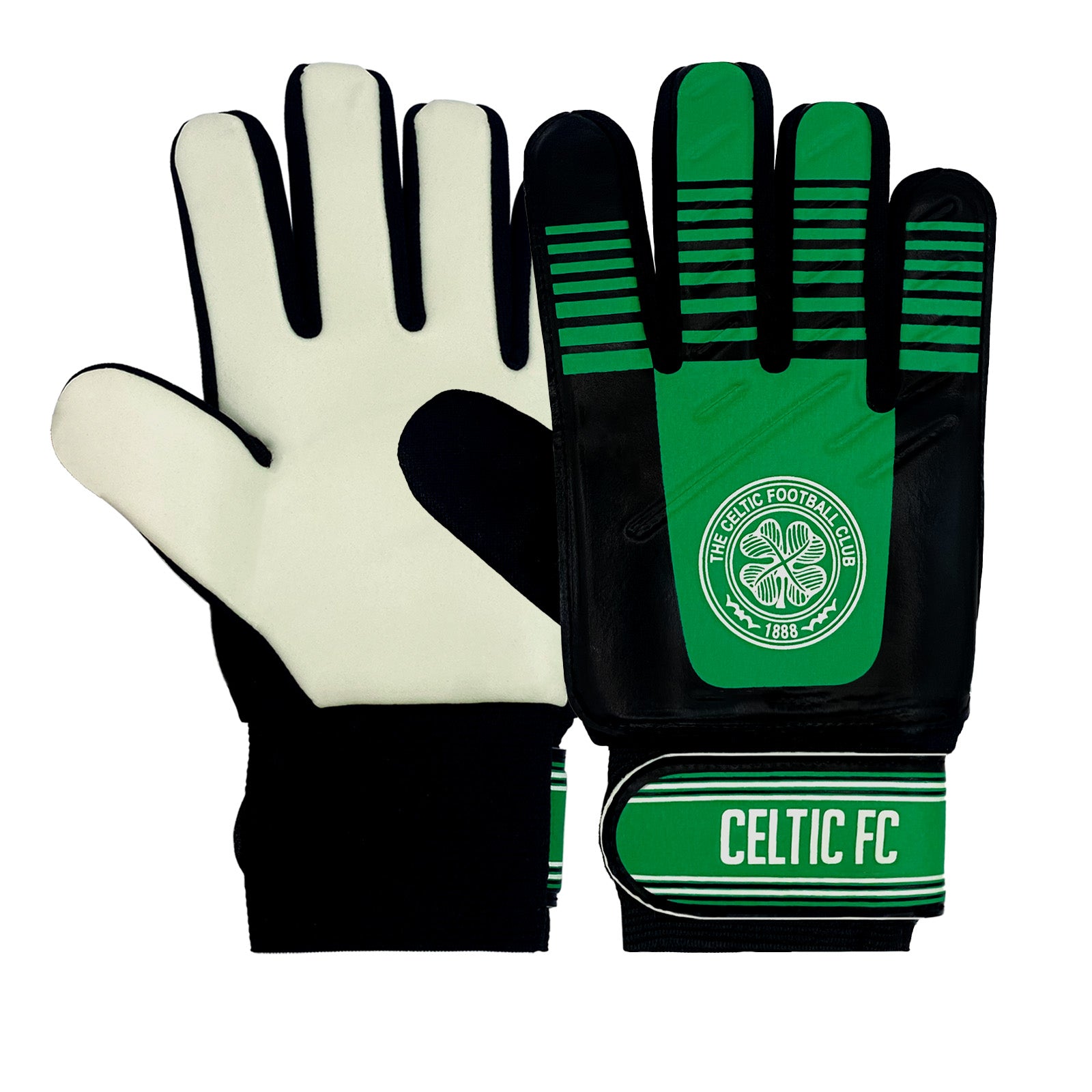 Celtic green & black goalie gloves with Celtic crest & text print to each glove.