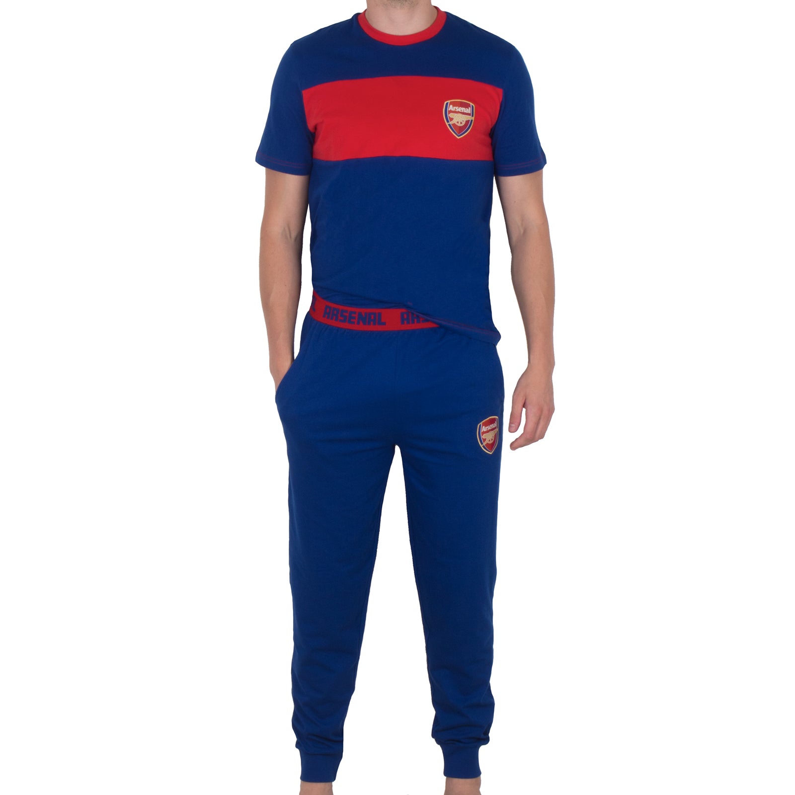 Arsenal adults long pyjamas in navy & red. Two-tone short sleeve top with club crest and long bottoms with crest.