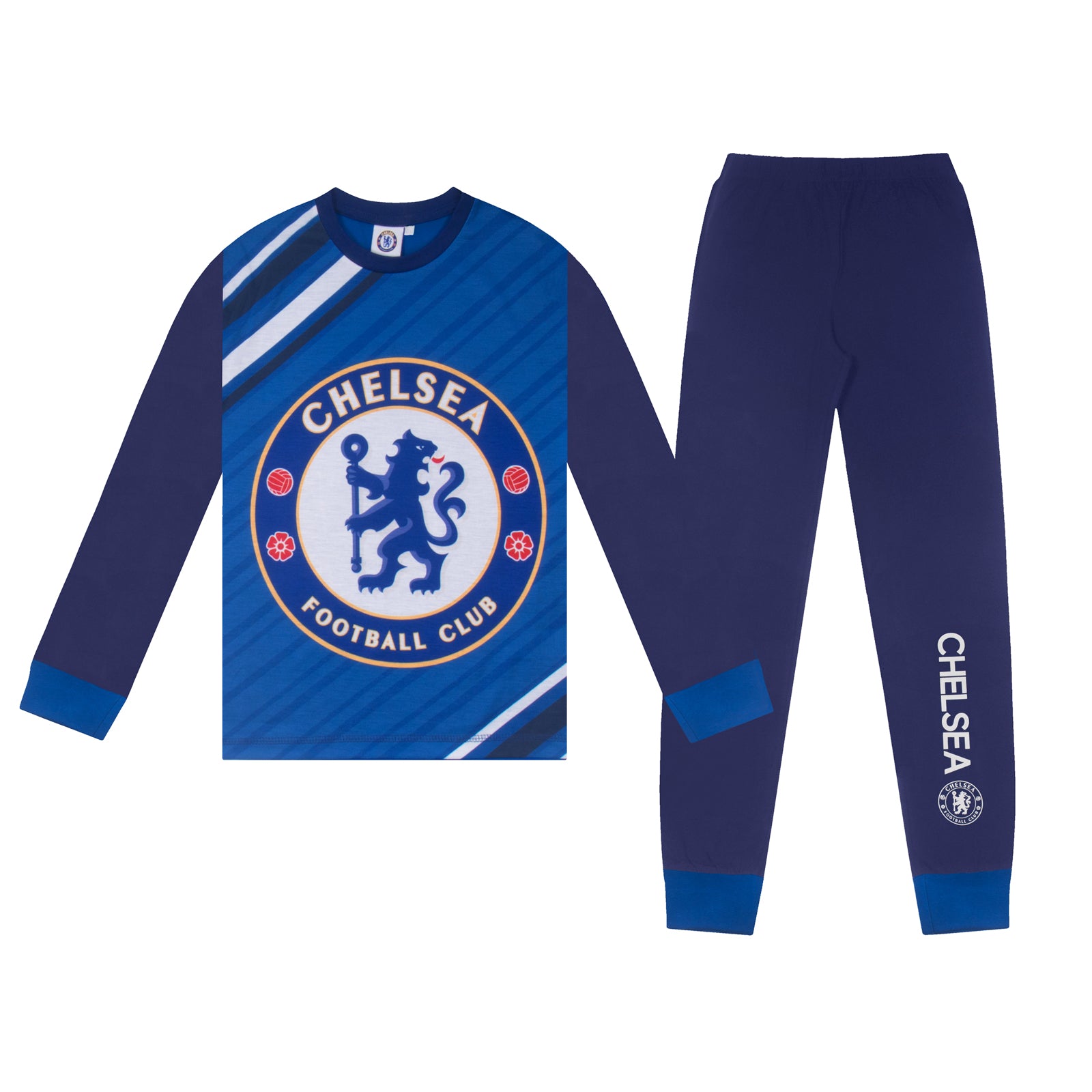 Chelsea kids long pyjamas in blue. Long sleeved top with graphic print and long bottoms.