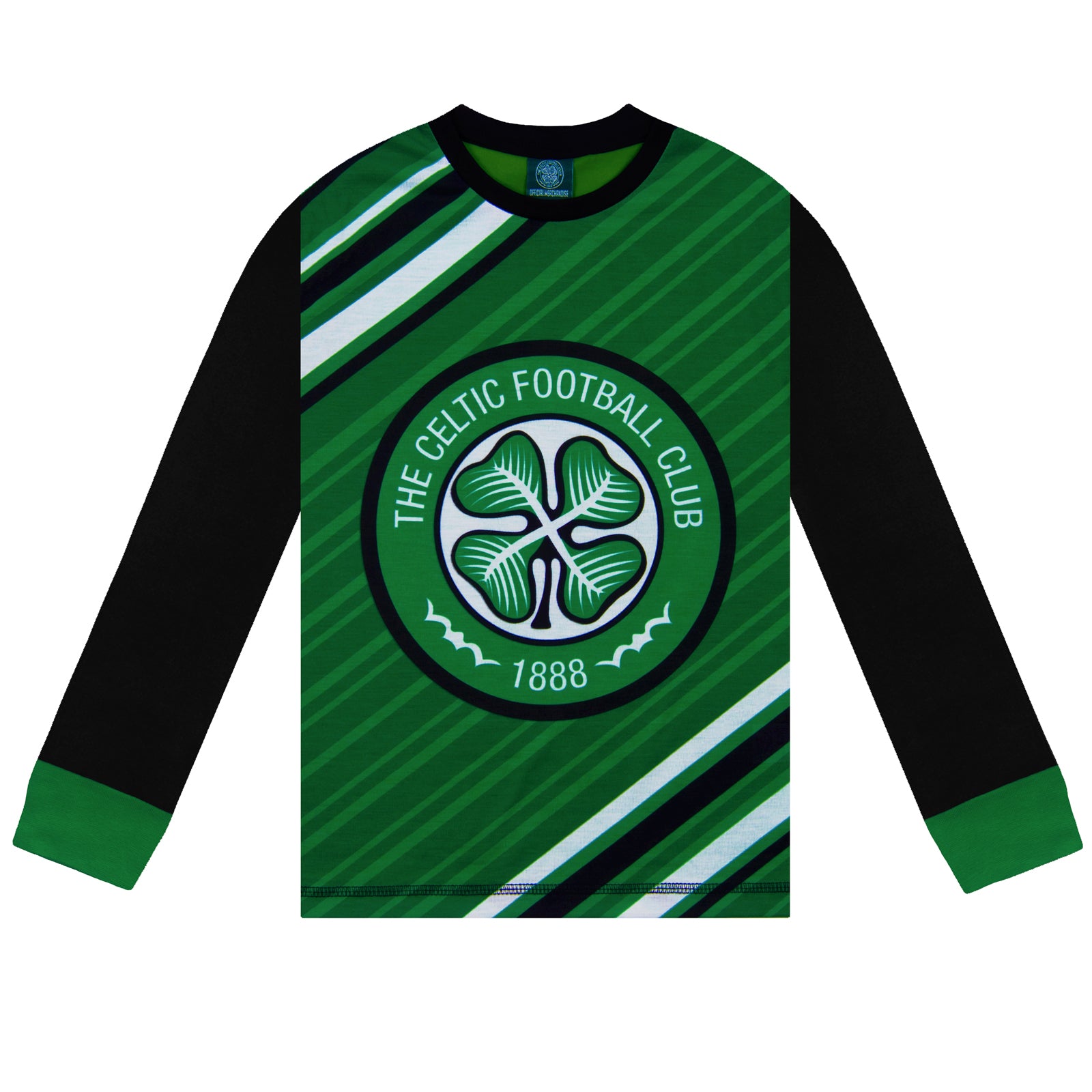 Celtic kids long pyjamas in green. Long sleeve top with graphic and club crest. Long legged bottoms with crest.