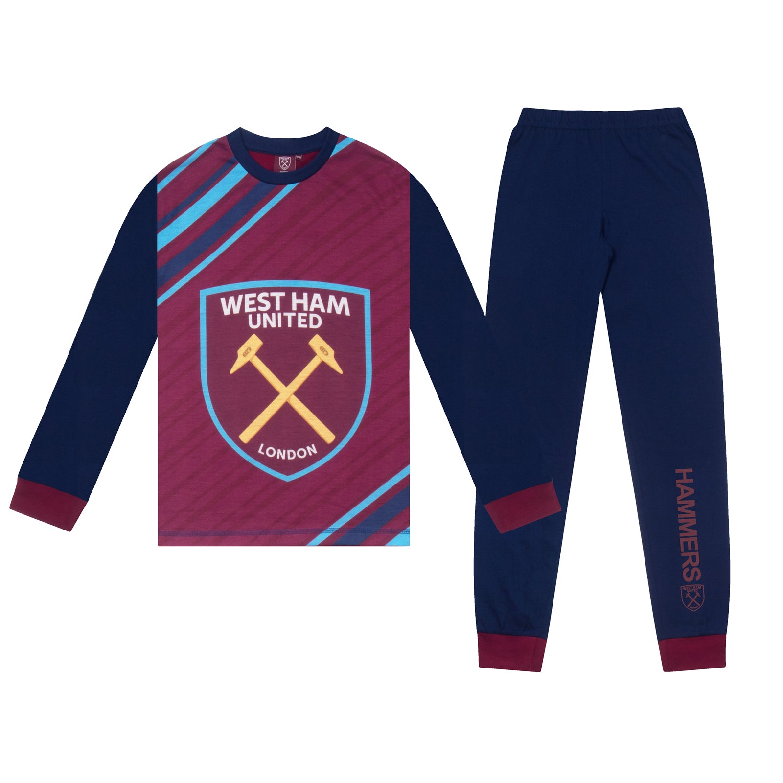 West Ham kids long pyjamas in navy blue. Long sleeved top with graphic and long bottoms