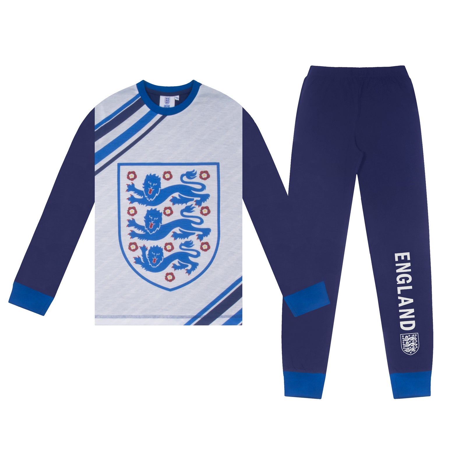 England kids long pyjama in blue. Long sleeved top with graphic print and long bottoms