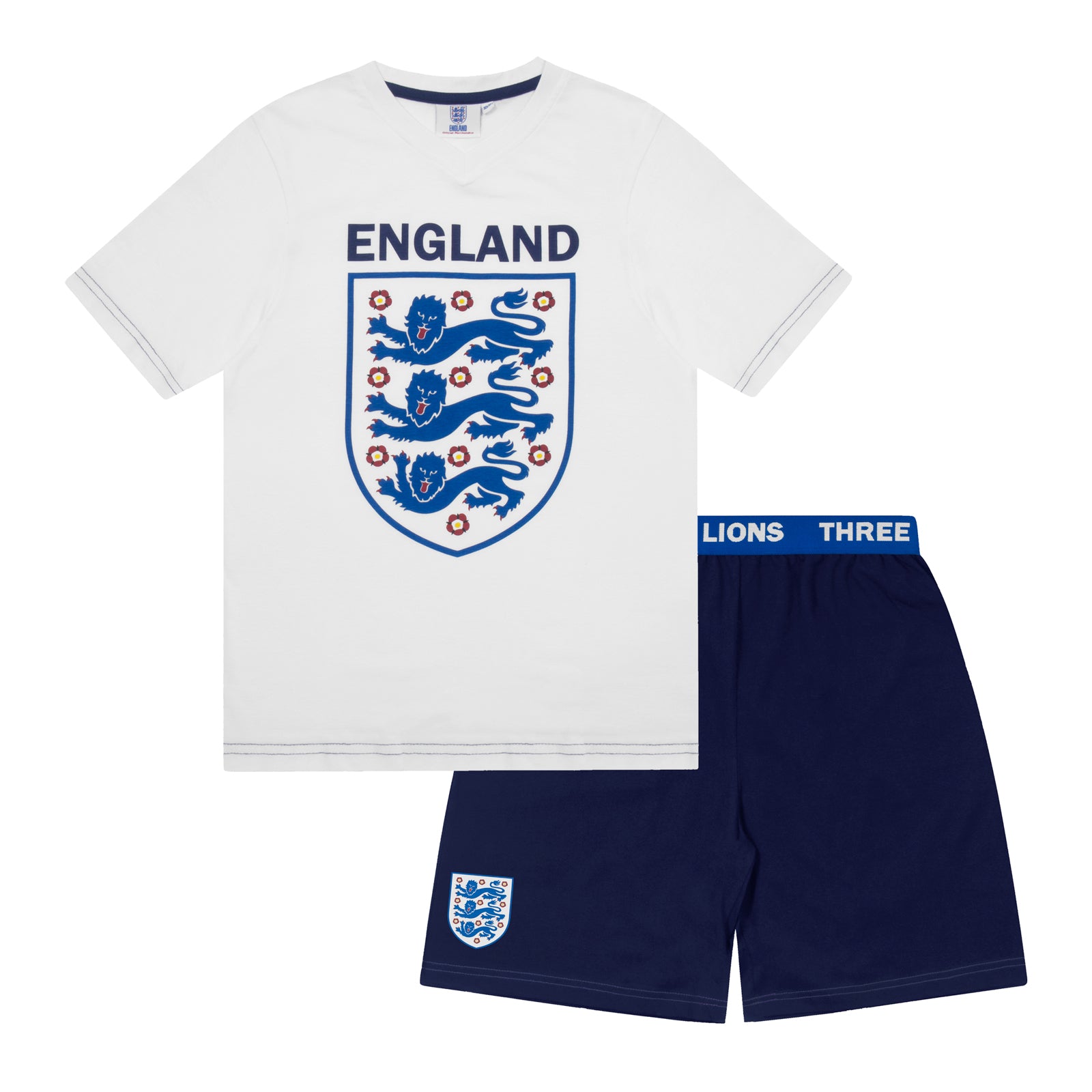 England kids pyjamas in white. Short sleeve top with graphic and shorts with 3 Lions logo to the left leg.