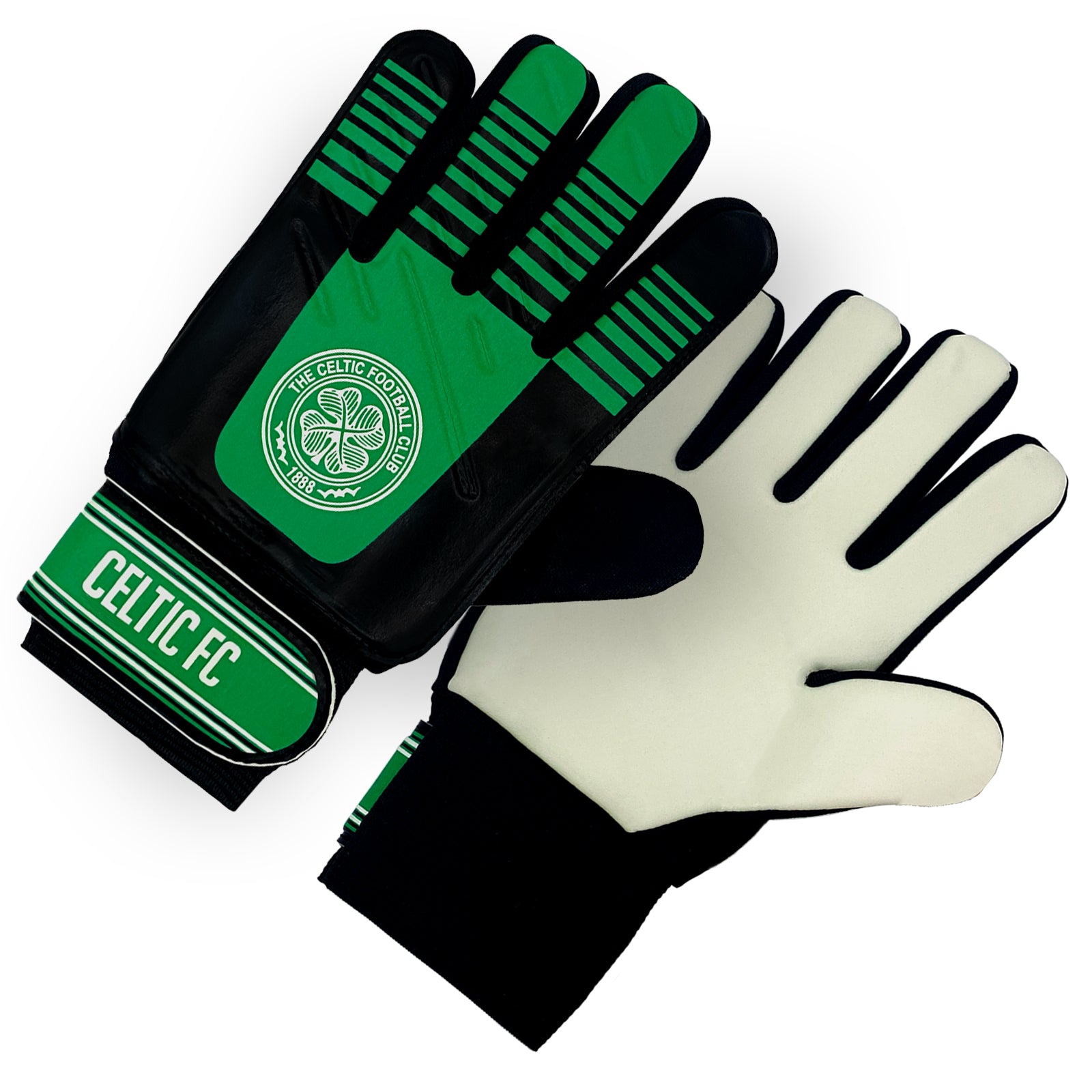 Celtic green & black goalie gloves with Celtic crest & text print to each glove.