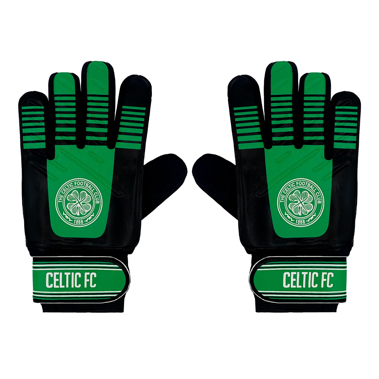 Celtic green & black goalie gloves with Celtic crest & text print to each glove.