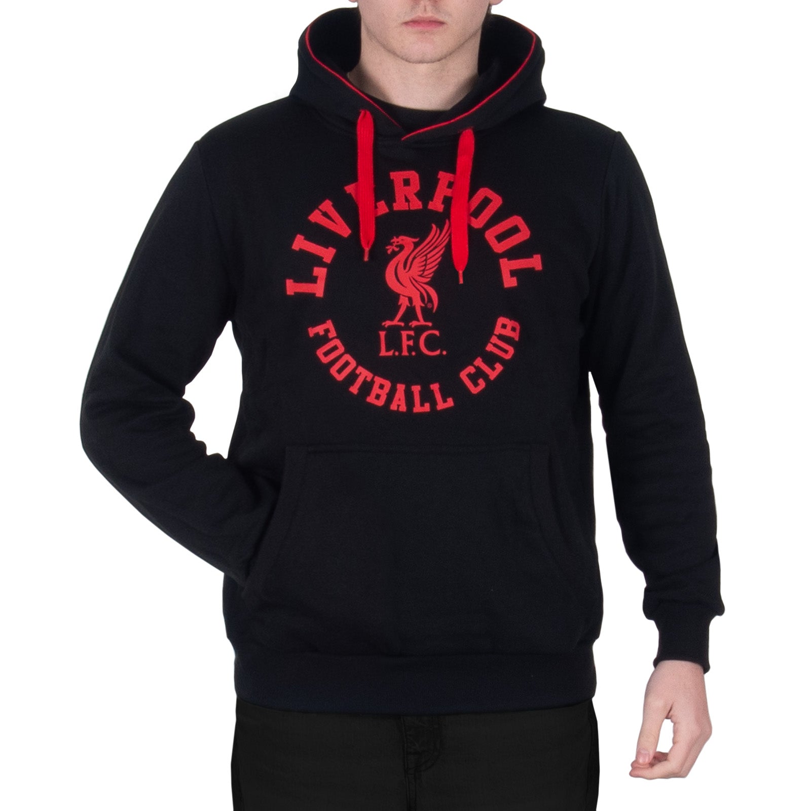 Liverpool graphic hoodie for adults in black with LFC crest to the centre of the body.