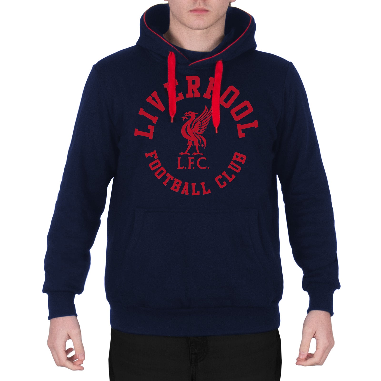 Liverpool graphic hoodie for adults in navy with LFC crest to the centre of the body.