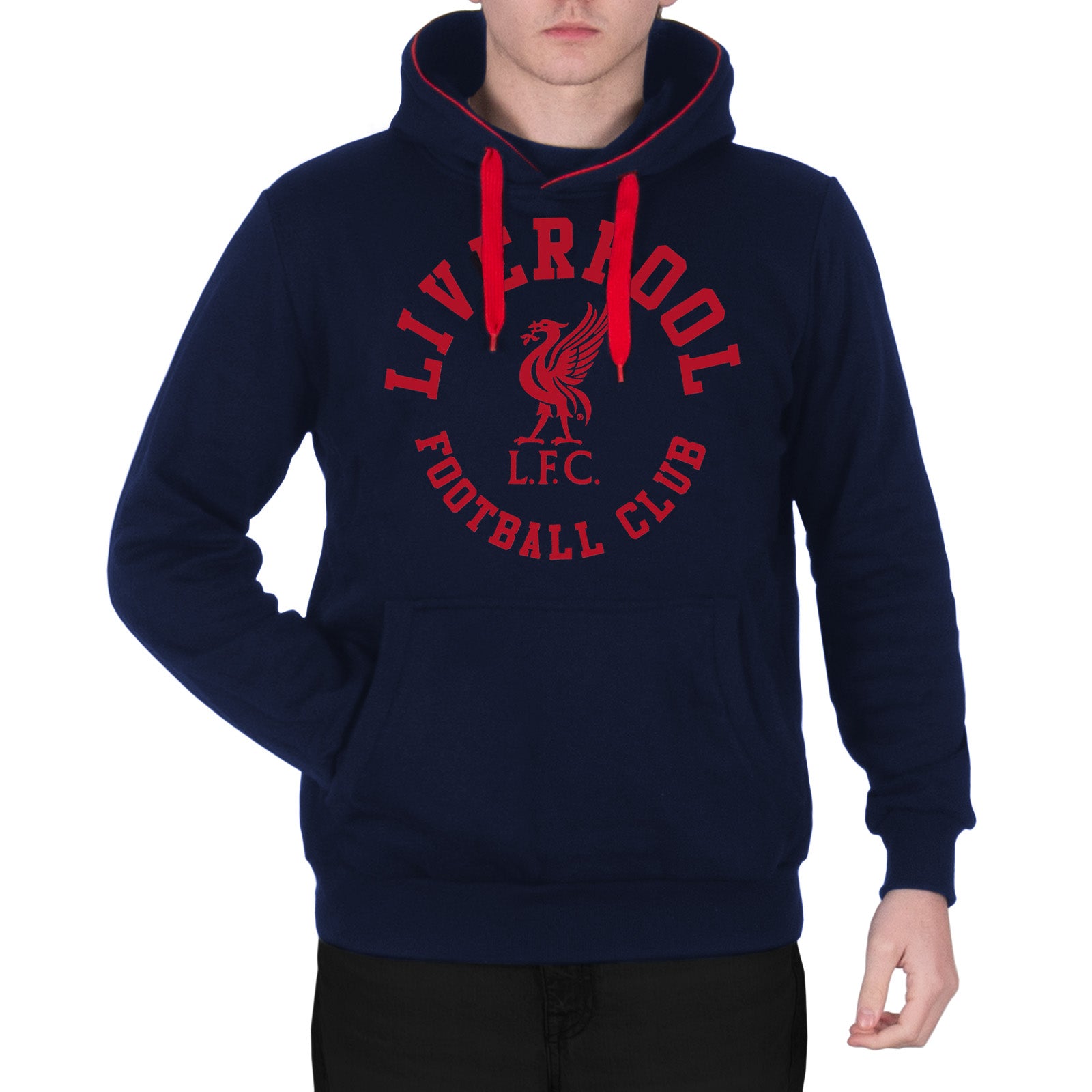 Liverpool graphic hoodie for adults in navy with LFC crest to the centre of the body.