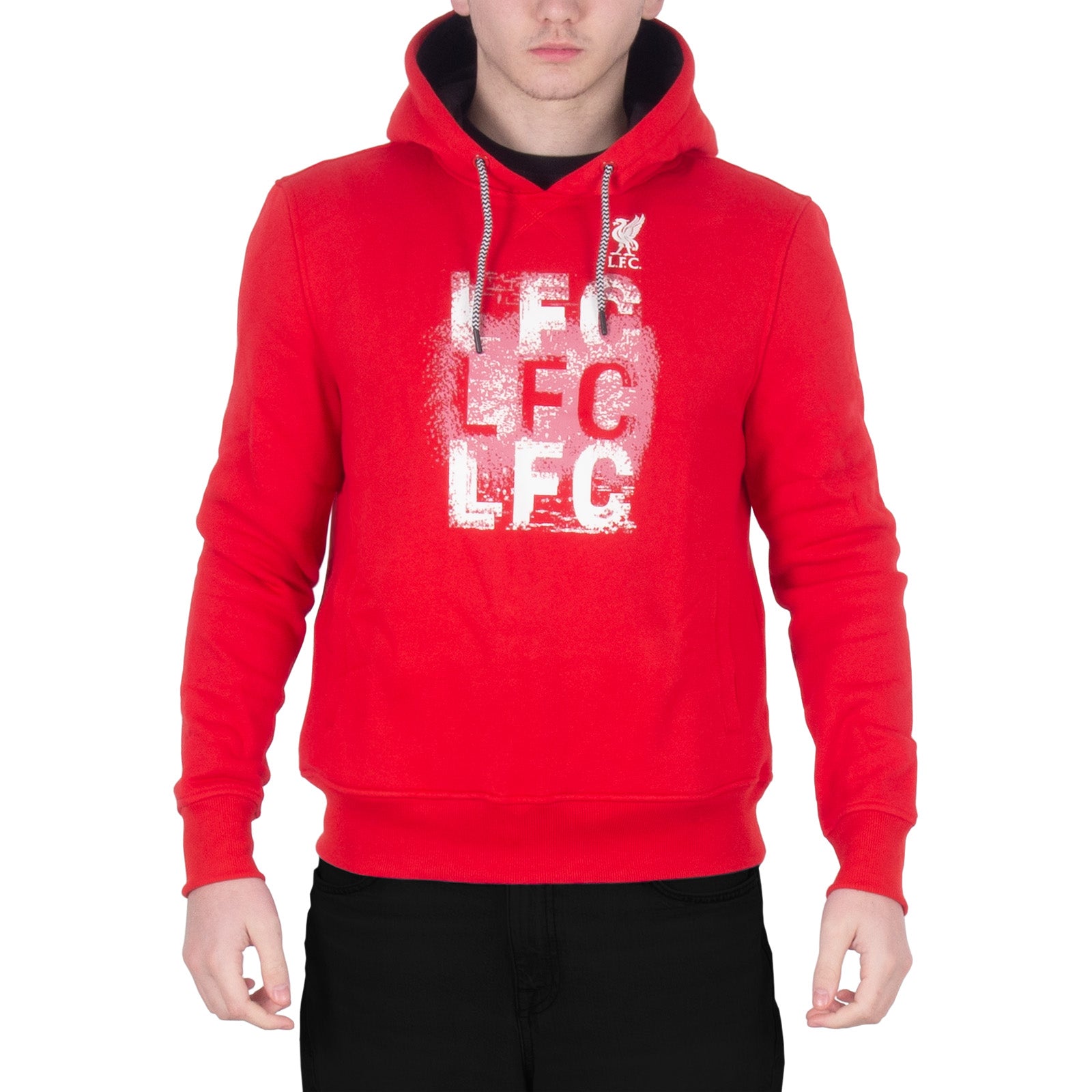 Liverpool adults hoodie in red with large LFC & Liverbird crest print to front.