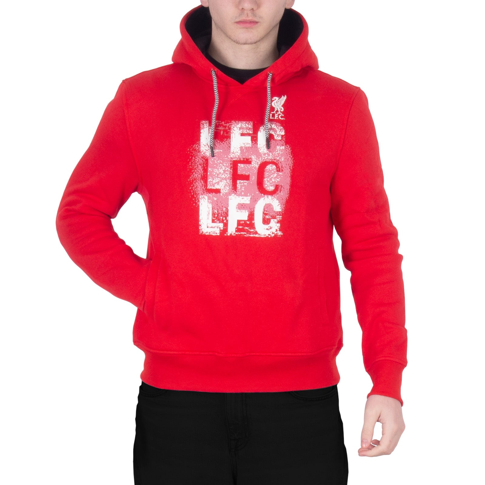 Liverpool adults hoodie in red with large LFC & Liverbird crest print to front.