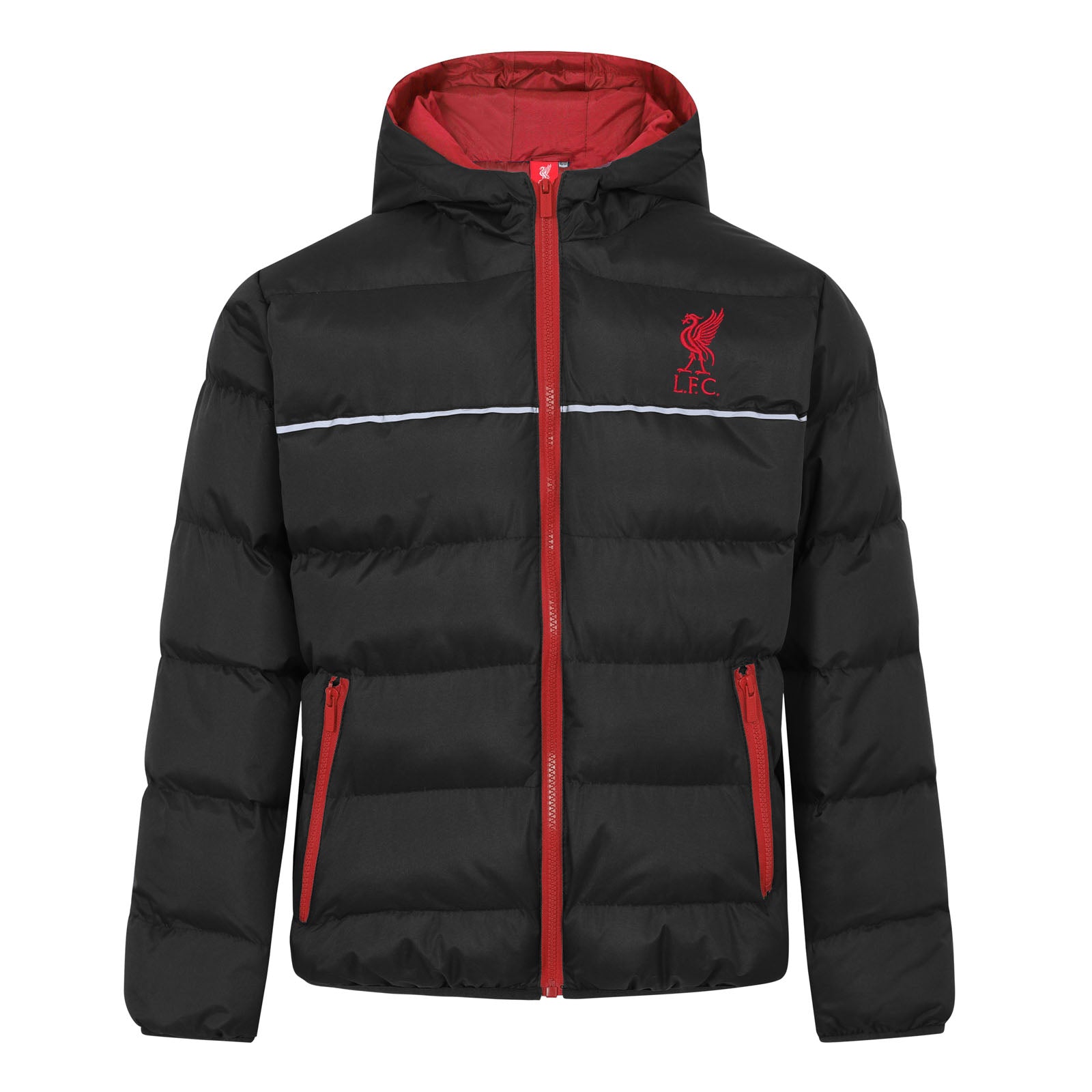 Liverpool kids quilted jacket in black with club crest to chest.