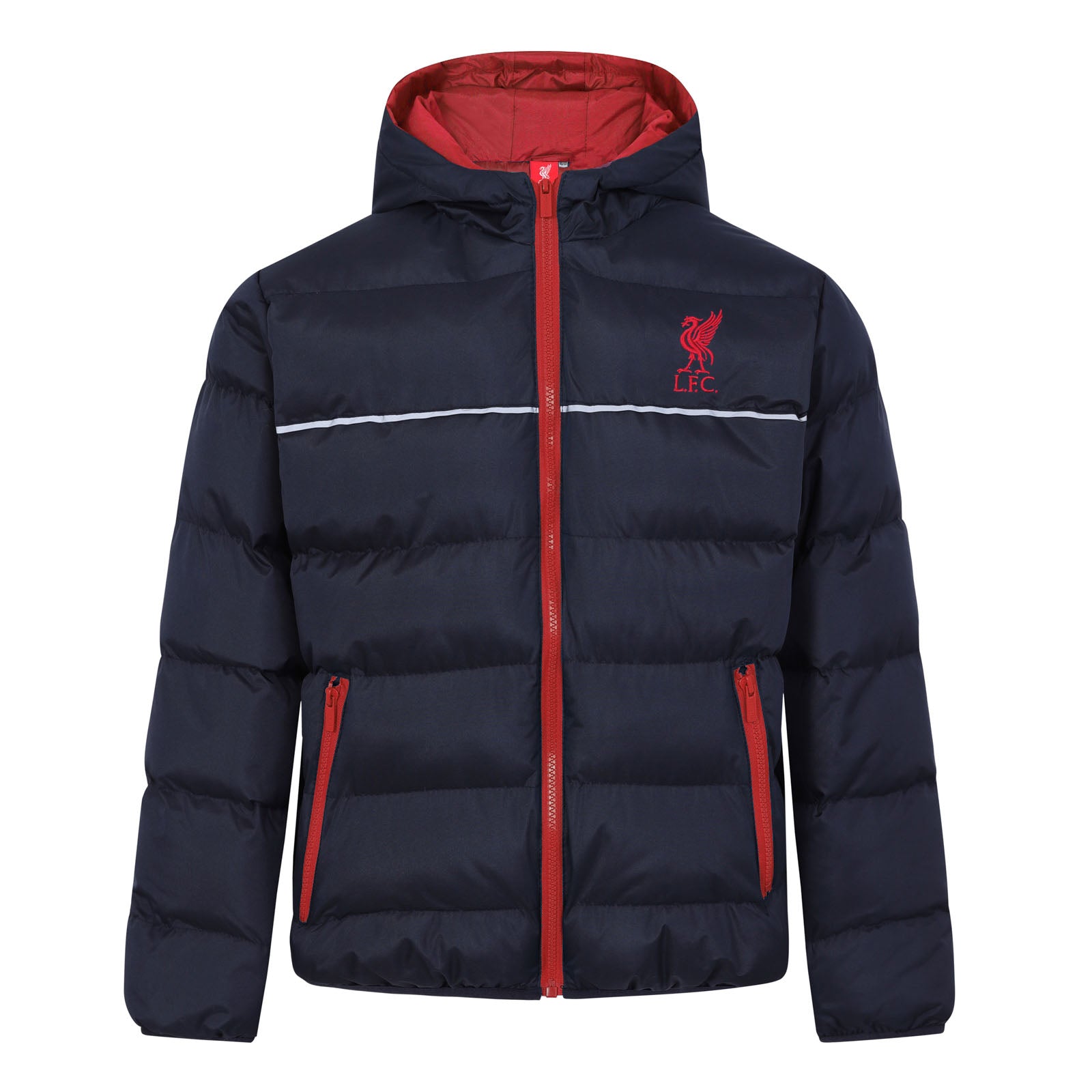 Liverpool kids quilted jacket in navy blue with club crest to chest.