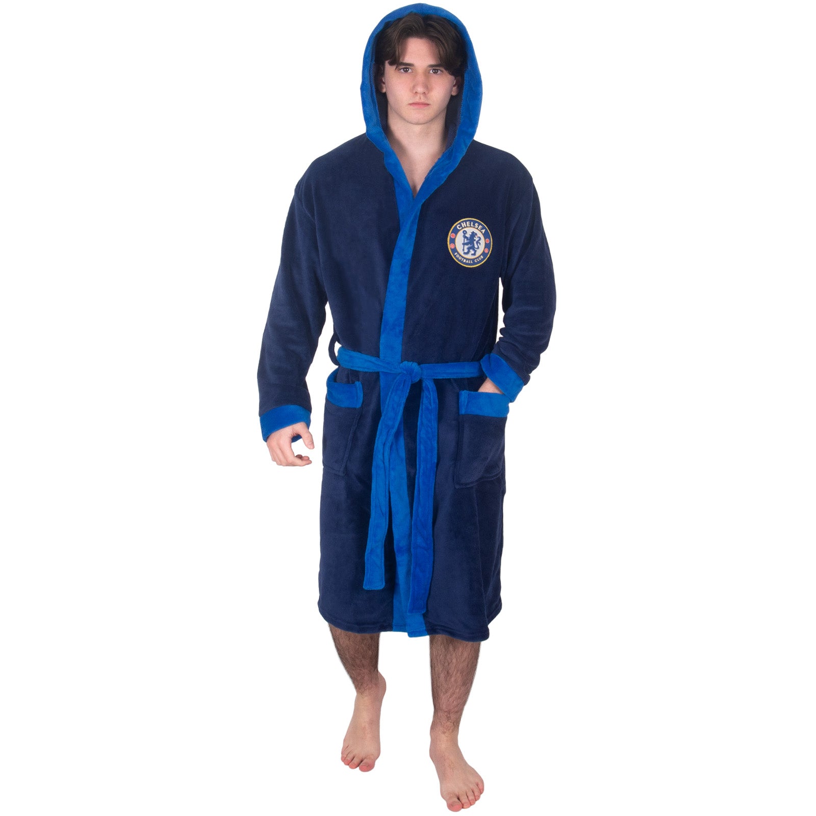 Chelsea adults dressing gown in navy blue with crest