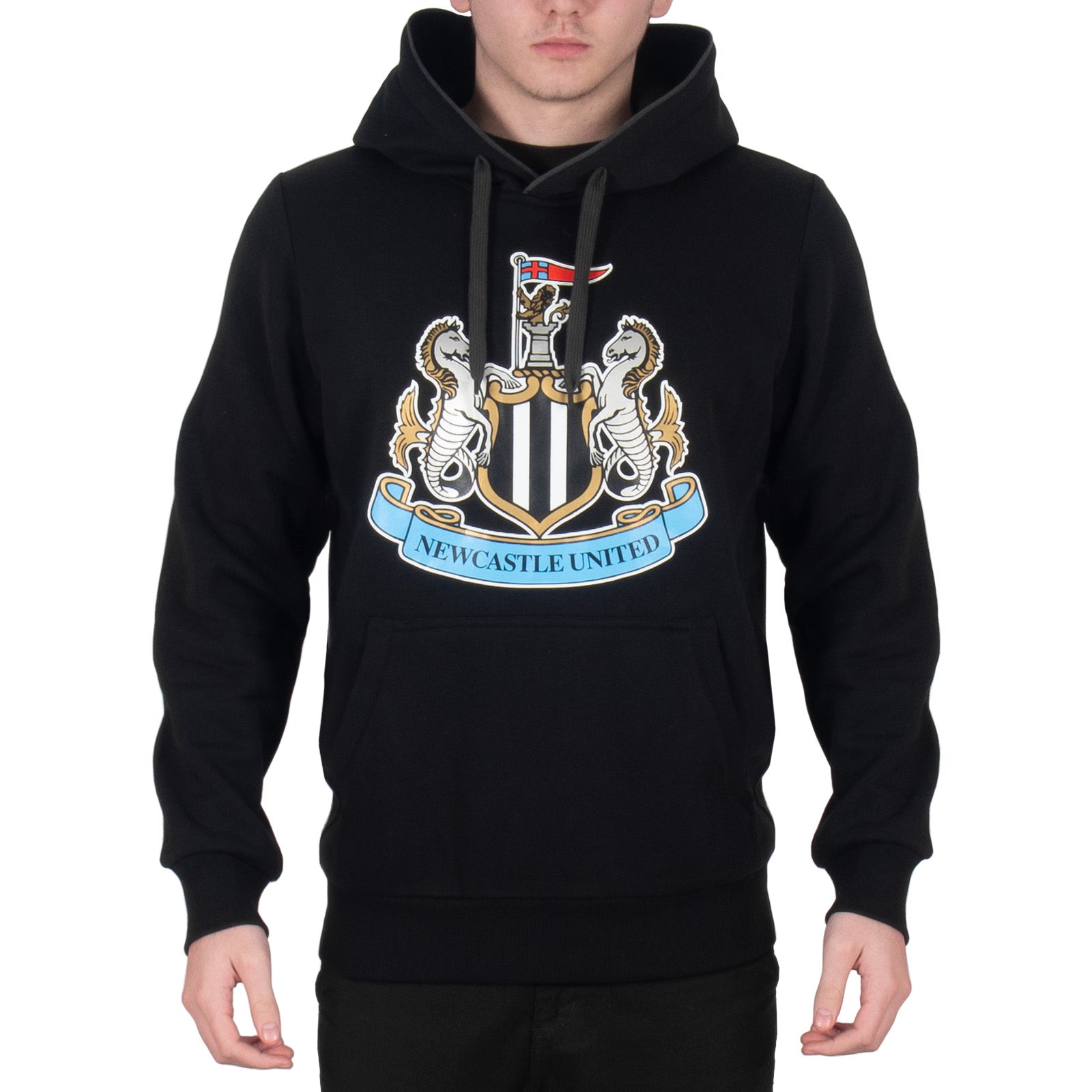 Newcastle United adults hoodie in black with a NUFC club crest across the front.