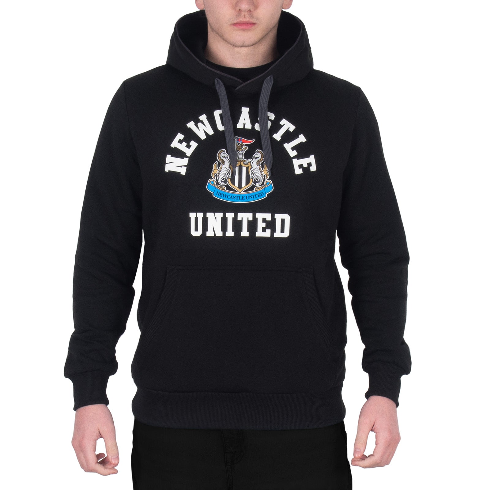 Newcastle United adults hoodie in black with a NUFC club crest across the front.