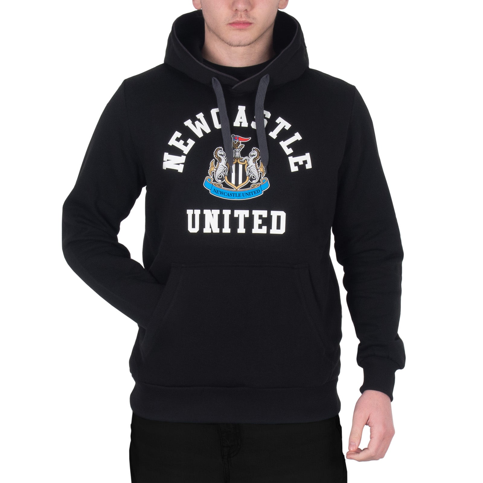 Newcastle United adults hoodie in black with a NUFC club crest across the front.