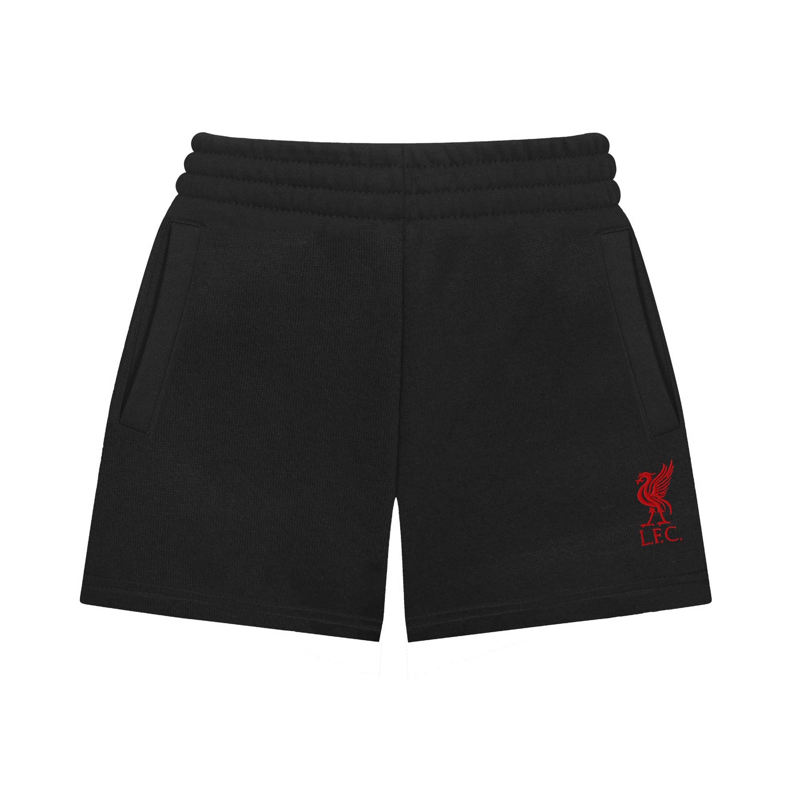 Liverpool kids fleece shorts in black with crest to left leg and pockets to front & back.